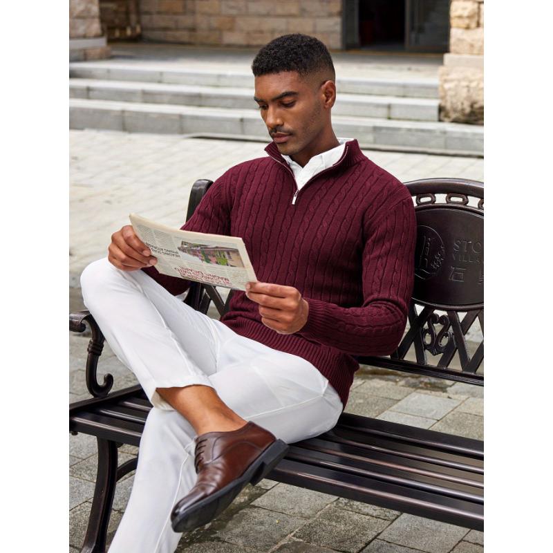 Men's Slim Fit Casual Knitted Turtleneck Pullover Mock Neck Polo Sweater Quarter Zip Sweater