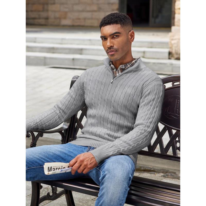 Men's Slim Fit Casual Knitted Turtleneck Pullover Mock Neck Polo Sweater Quarter Zip Sweater