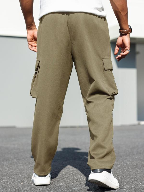  Men's Solid Flap Pocket Cargo Pants, Regular Fit Casual Drawstring Waist Trousers for Daily Wear, Men's Bottoms for All Seasons