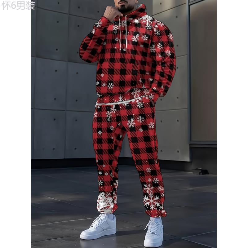 Men's Christmas Theme Hooded Sweatsuit Polyester Sports Set with Slight Stretch, Long Sleeve Sweater and Pants, Casual Daily Wear for Spring Fall Clothing Fabric Menswear Collar Menswear Collar Tops Longsleeves Gamis Festive