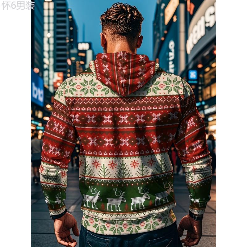 Men's Christmas Theme Hooded Sweatsuit Polyester Sports Set with Slight Stretch, Long Sleeve Sweater and Pants, Casual Daily Wear for Spring Fall Clothing Fabric Menswear Collar Menswear Collar Tops Longsleeves Gamis Festive