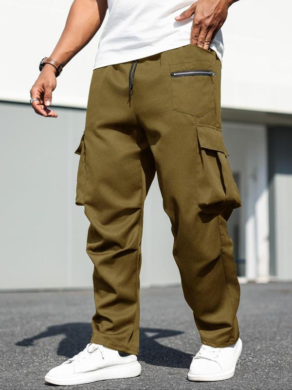  Men's Solid Flap Pocket Cargo Pants, Regular Fit Casual Drawstring Waist Trousers for Daily Wear, Men's Bottoms for All Seasons