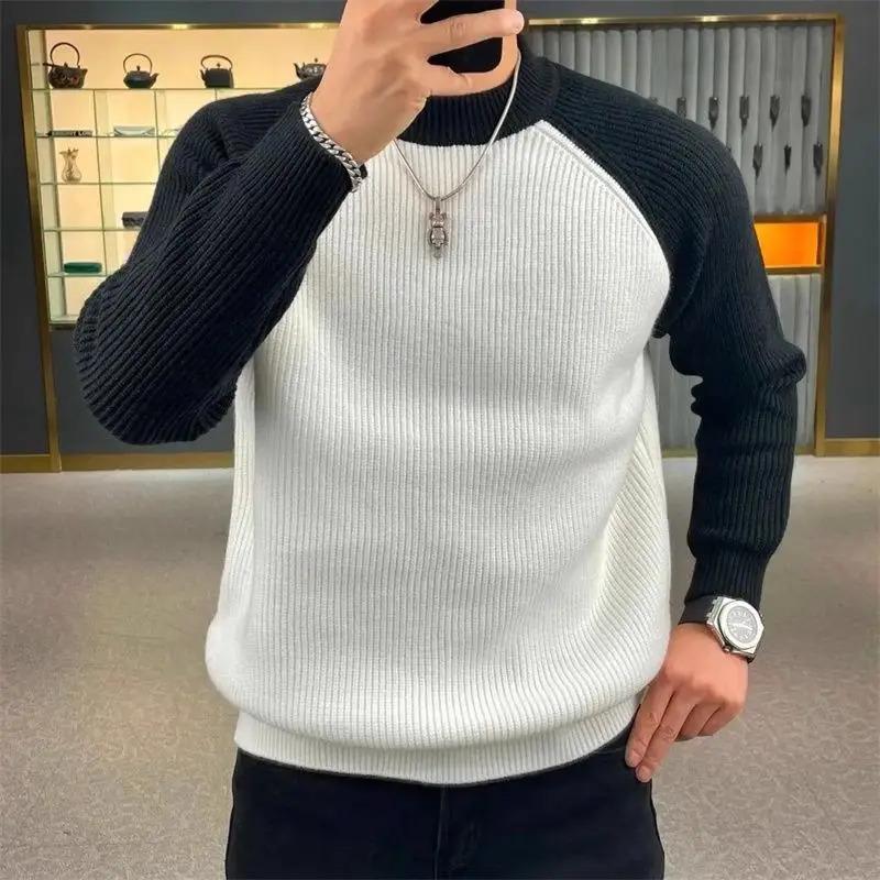 Autumn Winter Mens Sweaters Casual Warm Loose Fashion Patchwork Pullover Retro Harajuku Round Neck Knitted Bottoming Shirt