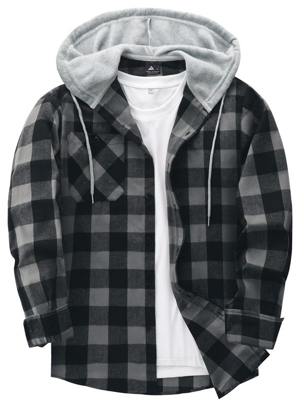  Plaid Print Button Front Drawstring Hooded Shirt, Casual Regular Fit Long Sleeve Pocket Top for Daily Wear, Men's Clothing for All Seasons