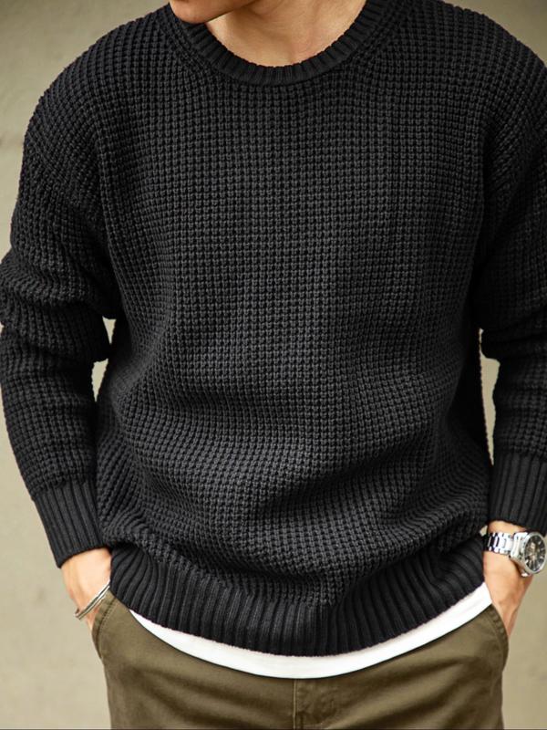 Men's Plain Waffle Knit Sweater, Regular Fit Casual Long Sleeve Round Neck Jumper for Fall & Winter,  Fall Sweater, Men's Knitwear for Daily Wear