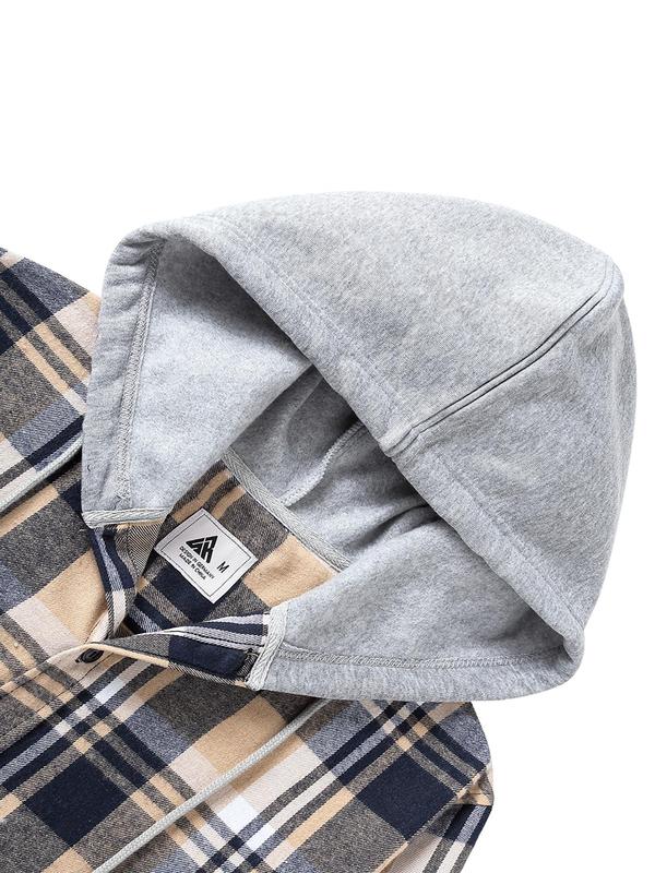  Plaid Print Button Front Drawstring Hooded Shirt, Casual Regular Fit Long Sleeve Pocket Top for Daily Wear, Men's Clothing for All Seasons