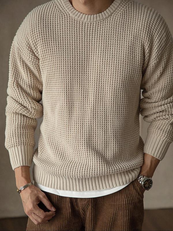 Men's Plain Waffle Knit Sweater, Regular Fit Casual Long Sleeve Round Neck Jumper for Fall & Winter,  Fall Sweater, Men's Knitwear for Daily Wear