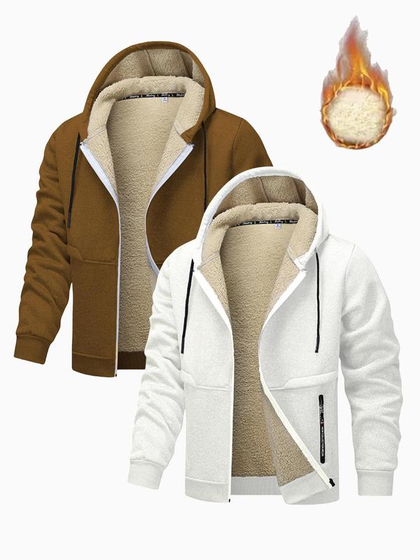 Men's Solid Zip Up Fleece Hooded Jacket, Regular Fit Casual Long Sleeve Drawstring Pocket Outerwear for Fall & Winter, Men's Clothes for Daily Wear