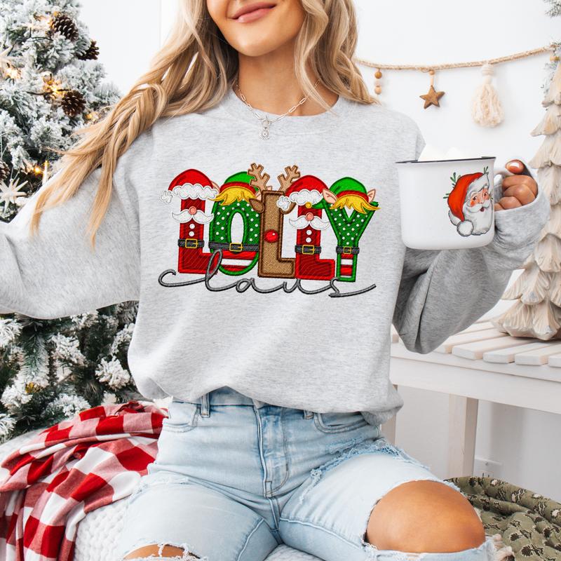 Unisex Size Faux Embroidery Christmas Claus Sweatshirt - Perfect for Everyone!