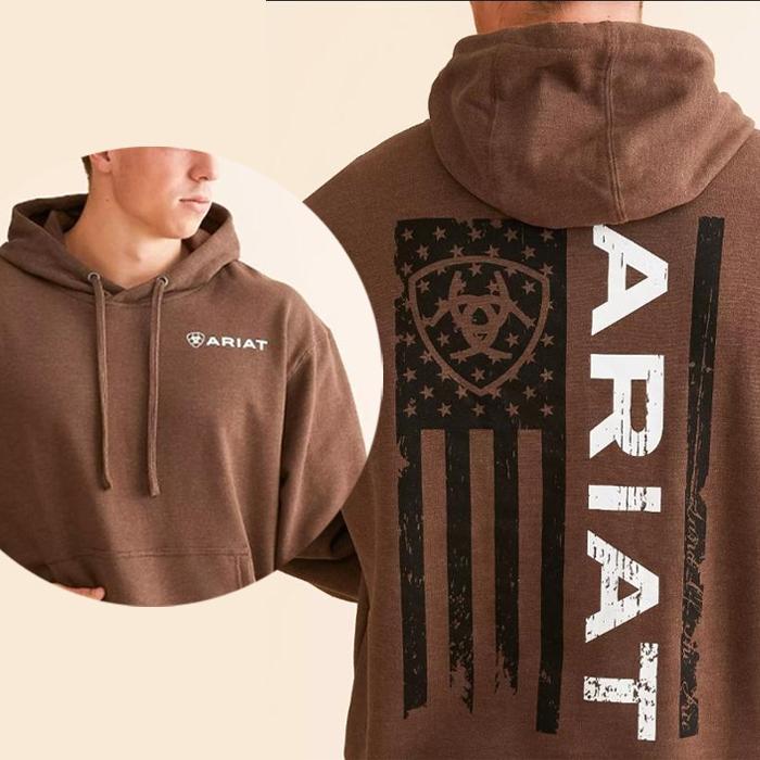 Ari Hoodie, Classic American Flag Design with Bold Logo, Unisex Hoodie in Patriotic Style for Western Enthusiasts