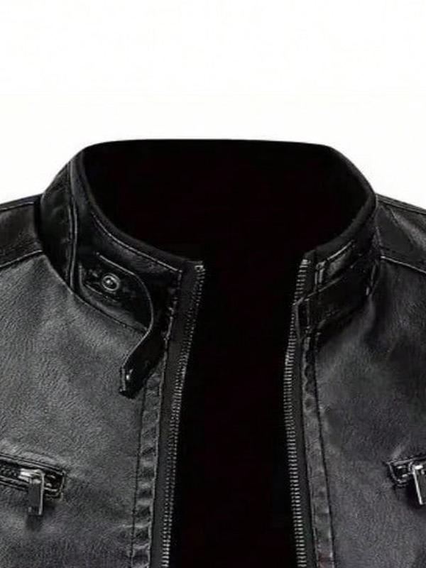 Men's Solid Pocket Zipper PU Leather Jacket, Regular Fit Casual Long Sleeve Stand Collar Outerwear for Spring & Fall, Fashion Men's Clothes for Daily Wear, Varsity Jackets, Men's Jackets