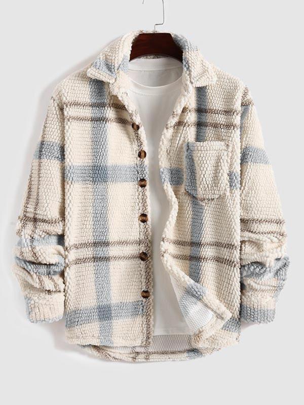 Men's Plaid Print Button Front Pocket Fleece Jacket, Regular Fit Casual Long Sleeve Collared Outerwear for Fall & Winter, Men's Clothes for Daily Wear