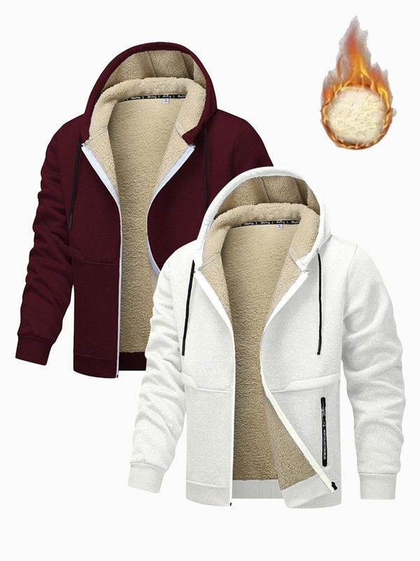 Men's Solid Zip Up Fleece Hooded Jacket, Regular Fit Casual Long Sleeve Drawstring Pocket Outerwear for Fall & Winter, Men's Clothes for Daily Wear