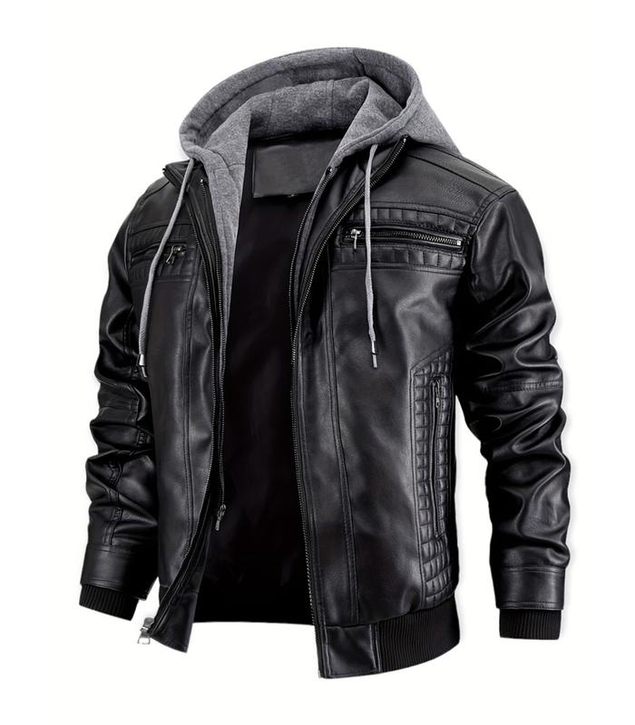 INVACHI Men's PU Leather Hooded Jacket Casual Motorcycle Bomber Jacket Outerwear with Double Zippers