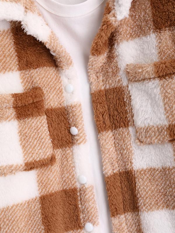 Men's Plaid Print Button Front Fleece Jacket, Loose Casual Long Sleeve Pocket Outerwear for Fall & Winter, Men's Clothes for Daily Wear