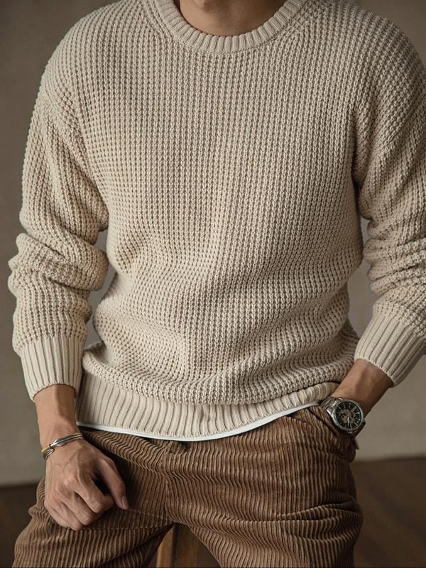 Men's Plain Waffle Knit Sweater, Regular Fit Casual Long Sleeve Round Neck Jumper for Fall & Winter,  Fall Sweater, Men's Knitwear for Daily Wear