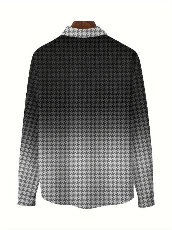 Men's All Over Houndstooth Print Button Front Shirt, Regular Fit Casual Comfy Ombre Print Long Sleeve Collared Top for Daily Outdoor Wear, Men's Clothes for Fall & Winter