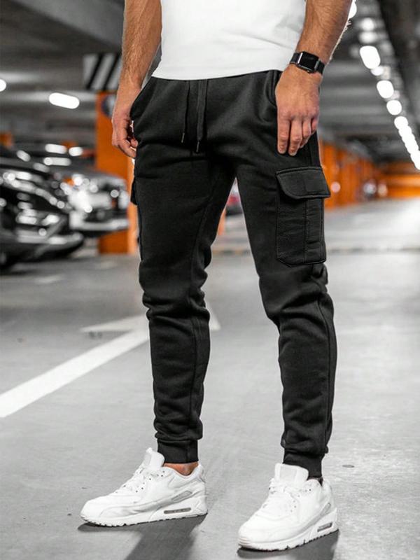 Men's Solid Patched Drawstring Waist Pants, Casual Comfy Pocket Jogger Trousers for Daily Wear, Men's Bottoms for All Seasons