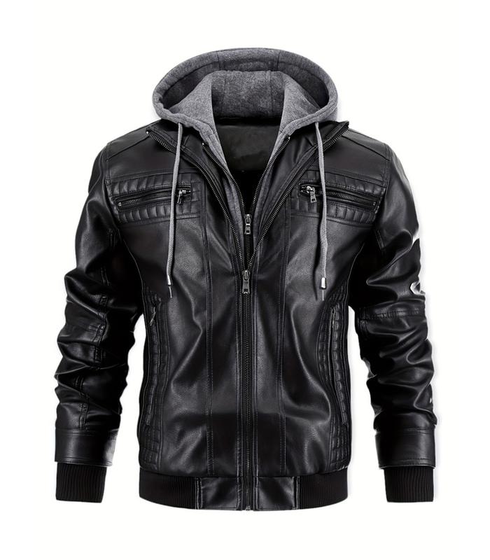 INVACHI Men's PU Leather Hooded Jacket Casual Motorcycle Bomber Jacket Outerwear with Double Zippers