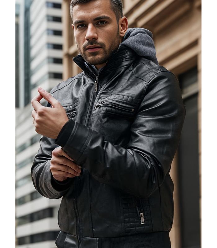 INVACHI Men's PU Leather Hooded Jacket Casual Motorcycle Bomber Jacket Outerwear with Double Zippers