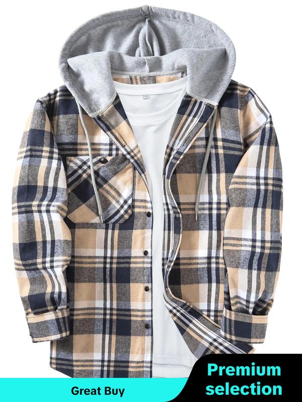  Plaid Print Button Front Drawstring Hooded Shirt, Casual Regular Fit Long Sleeve Pocket Top for Daily Wear, Men's Clothing for All Seasons