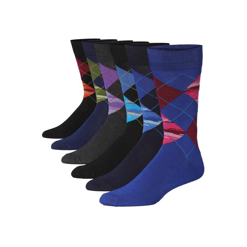 JAMES FIALLO Men's 6-Pairs Fashion Classic Argyle Colorful Patterned Crew Dress Socks -Casual Menswear Shoe Formal