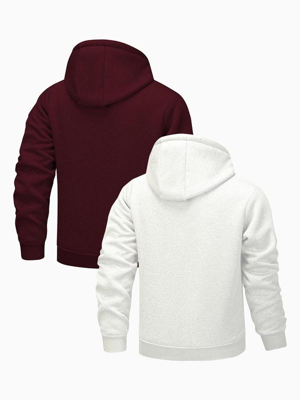 Men's Solid Zip Up Fleece Hooded Jacket, Regular Fit Casual Long Sleeve Drawstring Pocket Outerwear for Fall & Winter, Men's Clothes for Daily Wear