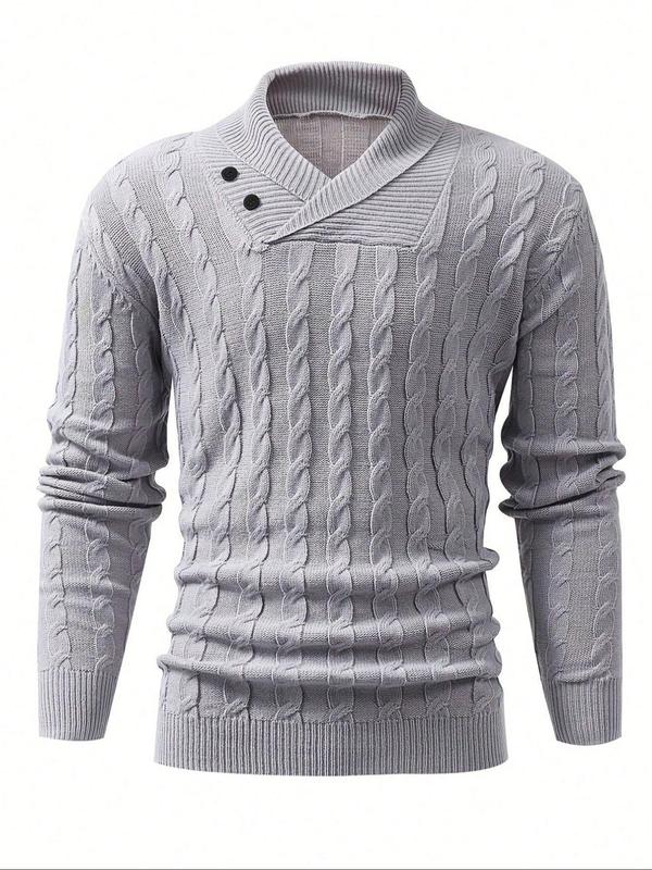 Men's Solid Textured Button Front Drop Shoulder Sweater, Casual Regular Fit Long Sleeve Shawl Collar Jumper for Fall & Winter, Men's Knitwear for Daily Wear