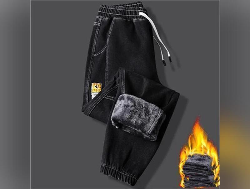 New Men's jeans Winter Fleece Jeans Thick Warm Denim Pants Men Streetwear Black Joggers Harem Jean Thermal Trousersfallclothing