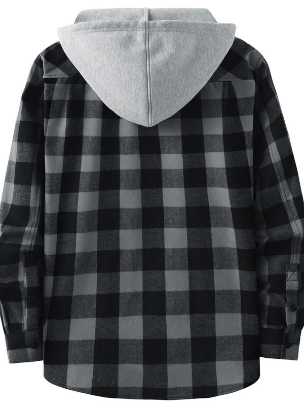  Plaid Print Button Front Drawstring Hooded Shirt, Casual Regular Fit Long Sleeve Pocket Top for Daily Wear, Men's Clothing for All Seasons