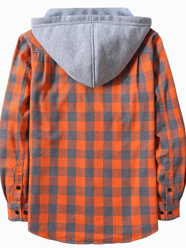  Plaid Print Button Front Drawstring Hooded Shirt, Casual Regular Fit Long Sleeve Pocket Top for Daily Wear, Men's Clothing for All Seasons