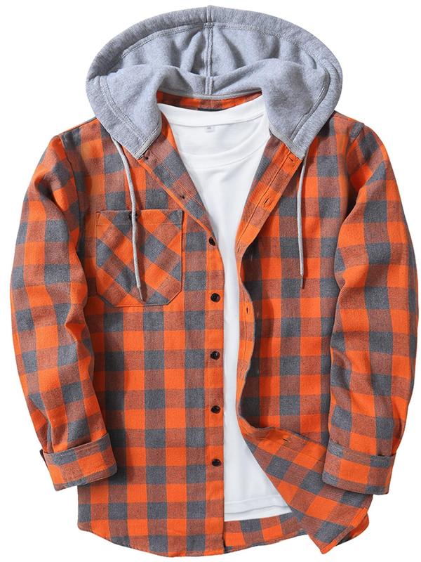  Plaid Print Button Front Drawstring Hooded Shirt, Casual Regular Fit Long Sleeve Pocket Top for Daily Wear, Men's Clothing for All Seasons