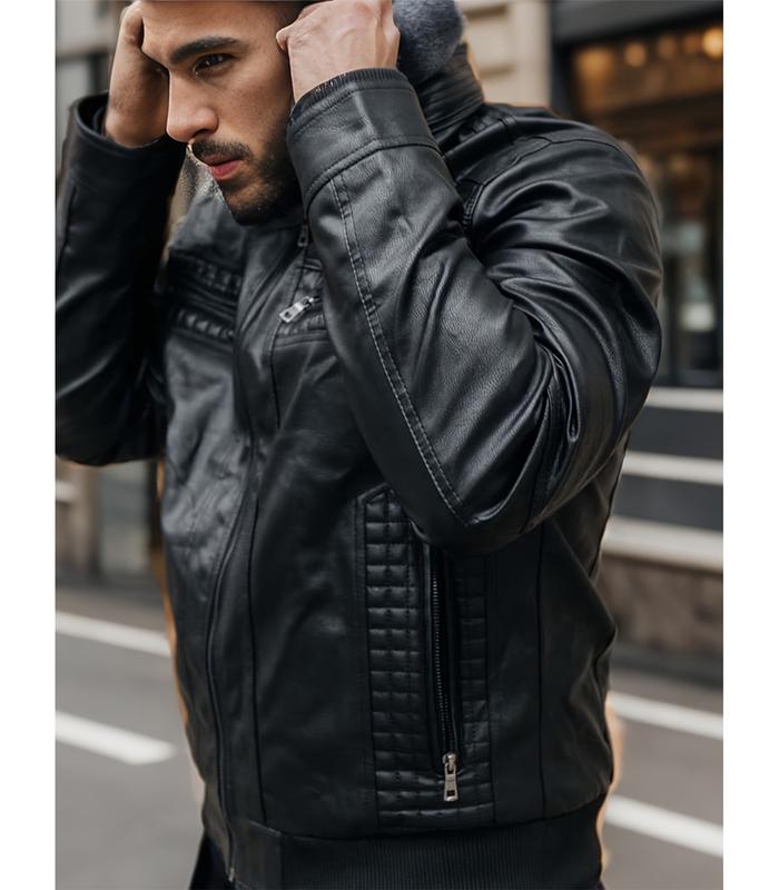 INVACHI Men's PU Leather Hooded Jacket Casual Motorcycle Bomber Jacket Outerwear with Double Zippers