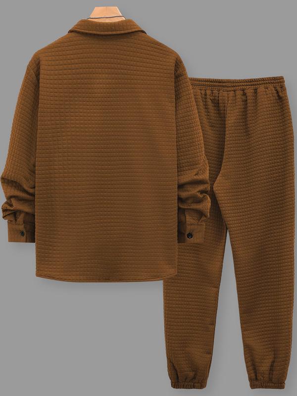 Men's Solid Waffle Knit Button Front Jacket & Drawstring Waist Pants Two-piece Set, Regular Fit Casual Fashion Cozy Breathable Two Piece Outfits for Daily Outdoor Wear, Men Clothes for Spring & Fall