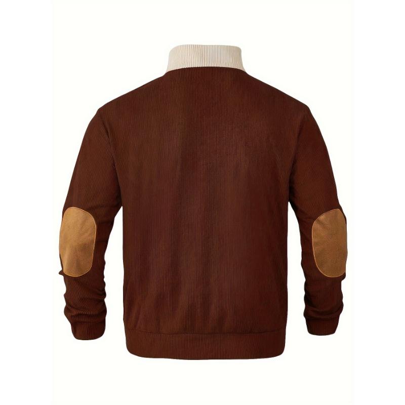 Retro Color Block Knitted Ribbed Sweater, Men's Casual Warm Mid Stretch Stand Collar Pullover Sweater For Men Fall Winter, Old Money Style Fabric Knitwear Menswear Sleeve Spandex Tops Long Sleeve Knife Longsleeves