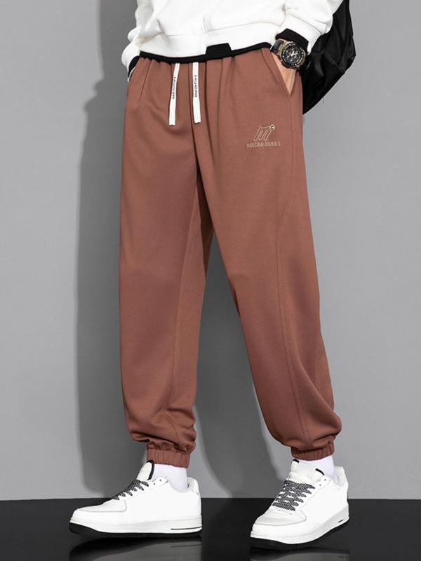 Men's Loose Letter Print Pocket Drawstring Sweatpants, Casual Cozy Elastic Waist Trousers For Daily Wear, Men's Bottoms For Spring & Fall