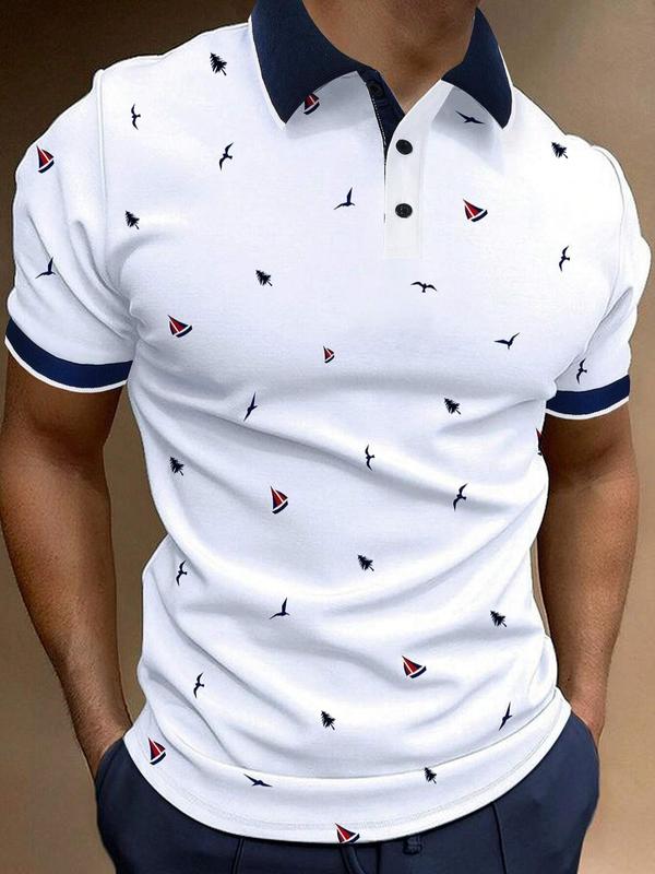 Men's All Over Print Contrast Binding Half Placket Polo Shirt, Regular Fit Casual Streetwear Short Sleeve Button Front Top for Summer, Polo Shirts Men, Menswear for Daily Wear