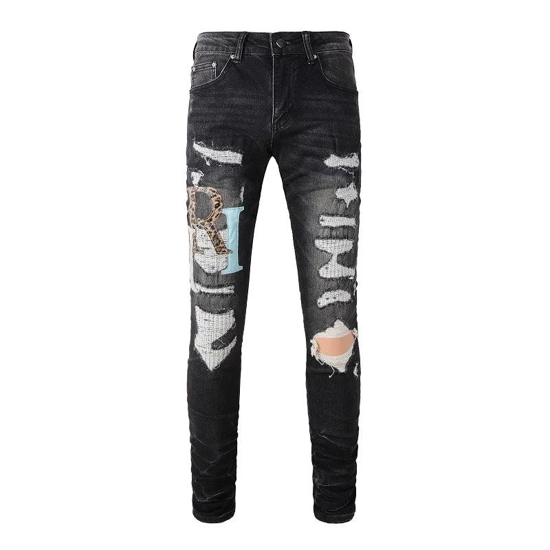 Embroidered Letters Streetwear Distressed Skinny Stretch Ripped Jeans