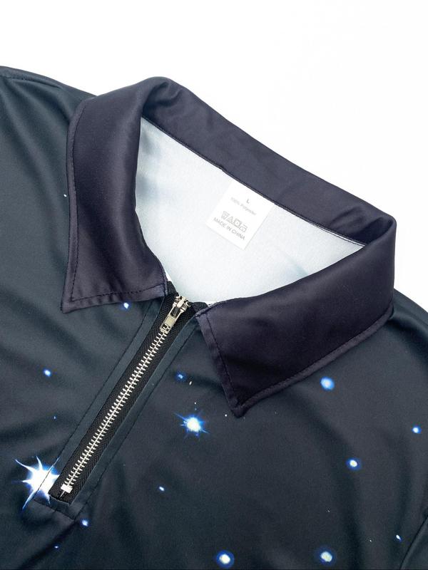 Men's Christmas Themed Zipper Polo Shirt, Regular Fit Casual Long Sleeve Stand Collar Top for All Seasons, Fashion Men's Clothes for Daily Wear