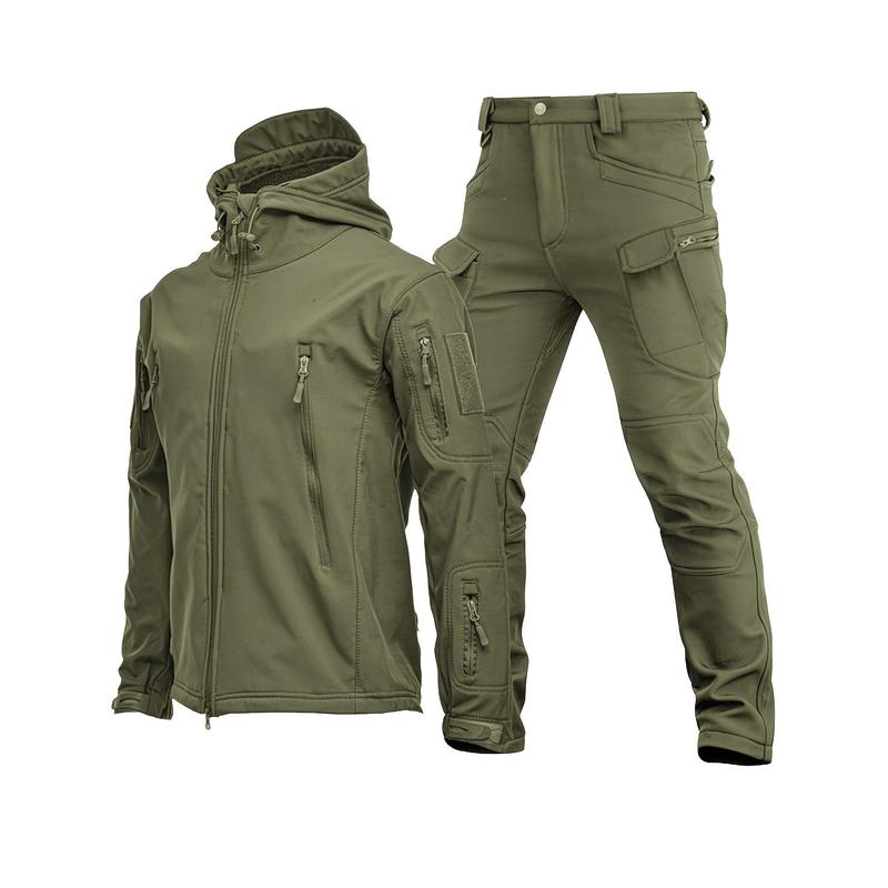 Men's casual camouflage & solid color suit, waterproof plush-lined jacket and pants, multi-pocket design, suitable for outdoor hiking, autumn and winter