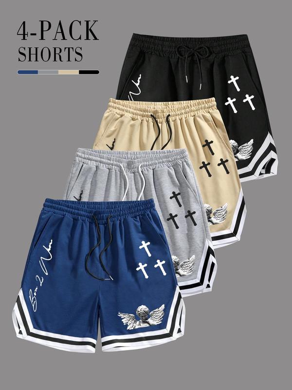 Men's Cross Angel Letter Print Contrast Binding Shorts, Casual Streetwear Pocket Elastic Waist Drawstring Track Shorts for Summer, Shorts for Men, Fashion Men's Bottoms for Daily Wear