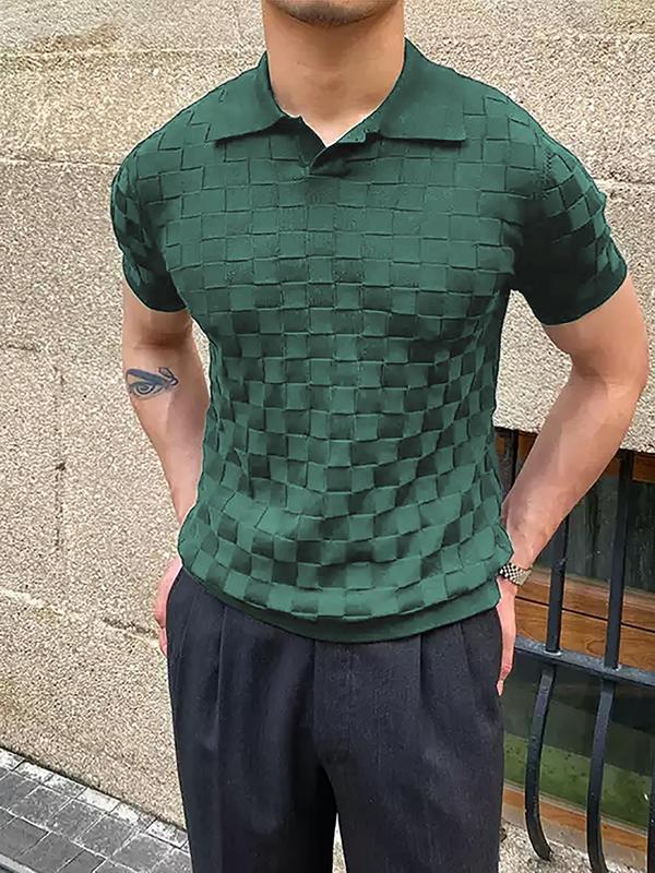 Men's Regular Fit Plaid Pattern Short Sleeve Collared Knit Top, Casual Fashion Knitting Top for Summer, Fashion Men's Knitwear for Daily Wear