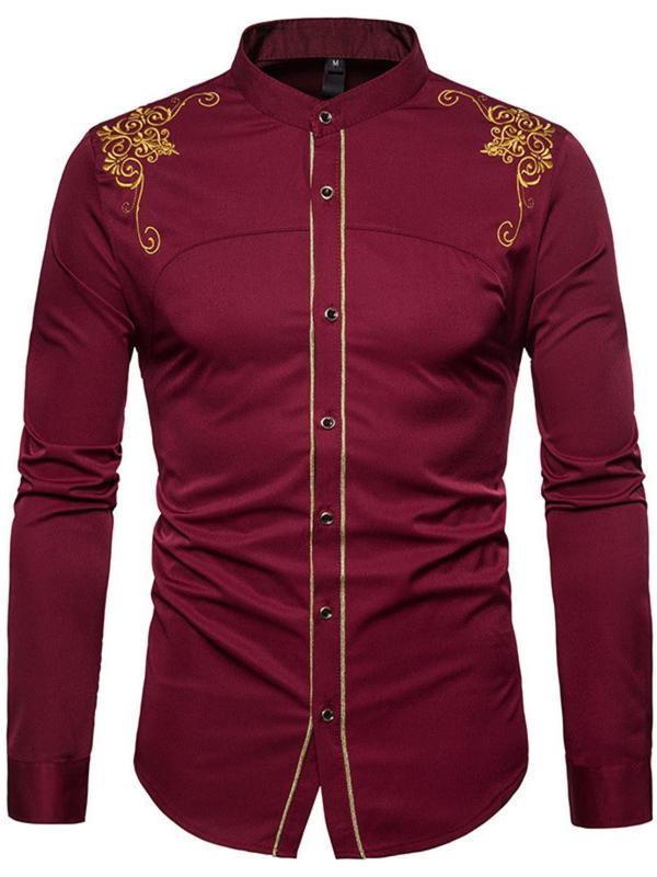 Men's Regular Fit Embroidery Button Front Shirt, Long Sleeve Stand Collar Top for Men, Fashion Casual Men's Clothes for All Seasons