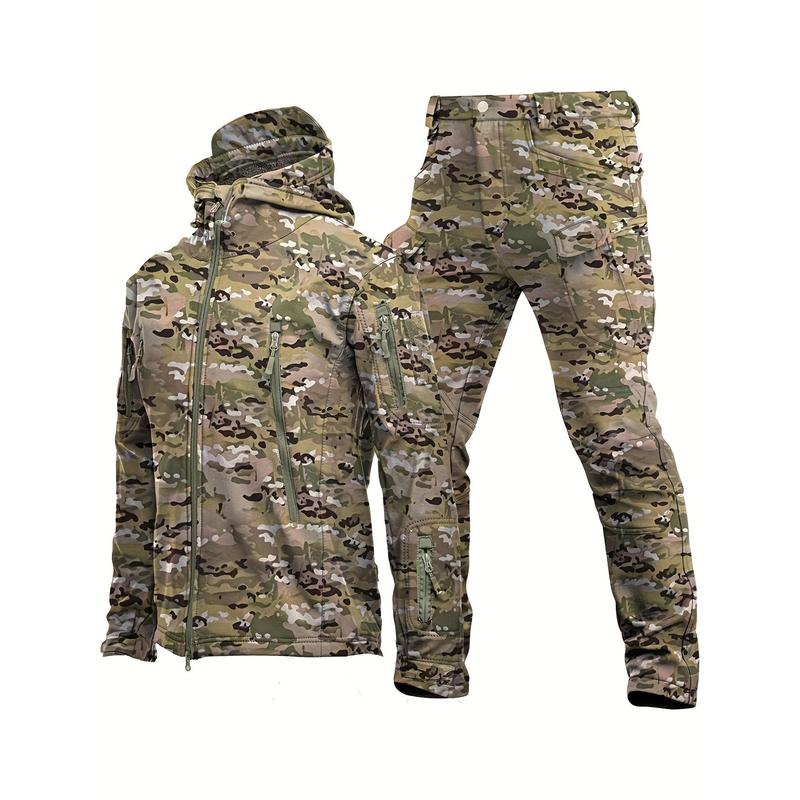 Men's casual camouflage & solid color suit, waterproof plush-lined jacket and pants, multi-pocket design, suitable for outdoor hiking, autumn and winter