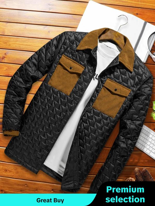 Men's Patchwork Print Button Front Pocket Winter Coats, Regular Fit Casual Long Sleeve Collared Outerwear for Fall & Winter, Men's Clothes for Daily Wear