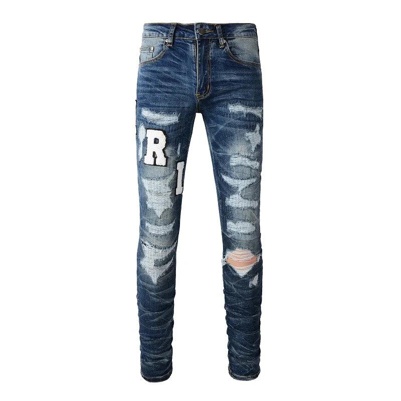 Embroidered Letters Streetwear Distressed Skinny Stretch Ripped Jeans