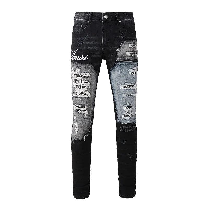 Embroidered Letters Streetwear Distressed Skinny Stretch Ripped Jeans