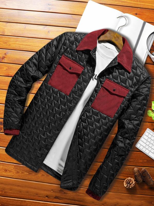 Men's Patchwork Print Button Front Pocket Winter Coats, Regular Fit Casual Long Sleeve Collared Outerwear for Fall & Winter, Men's Clothes for Daily Wear