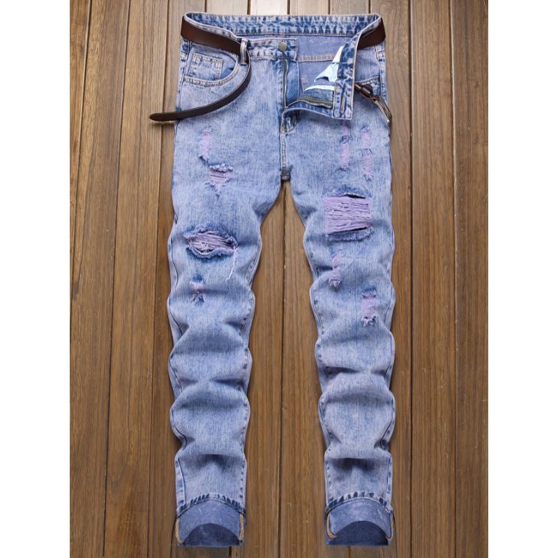 Mens Ripped Jeans - Ultra-Slim Fit, Artfully Distressed Denim, Inspired by Casual Street Style, Fashion-Forward Pants for a Relaxed Vibe Menswear Polyester Trouser Streetwear Fabric Cotton