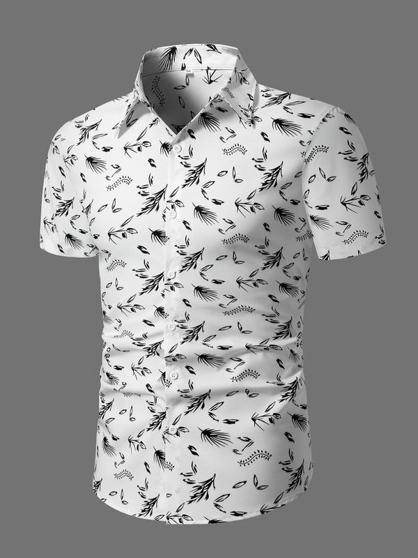 Men's Random Leaf Print Button Front Shirt, Regular Fit Short Sleeve Collar Shirt for Summer, Casual Men's Top for Beach Vacation